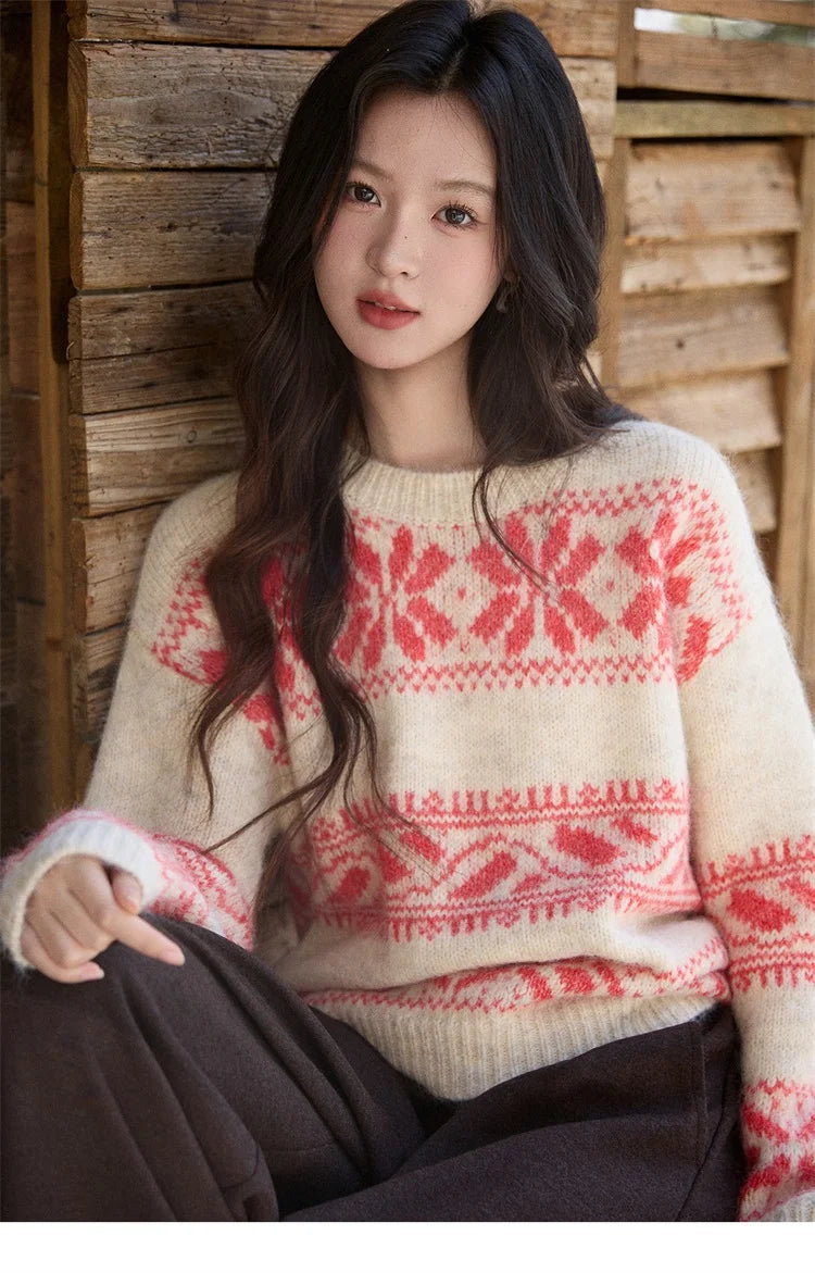 Mishow Christmas Beige White Geometric Jacquard Sweater MXE93Z2938