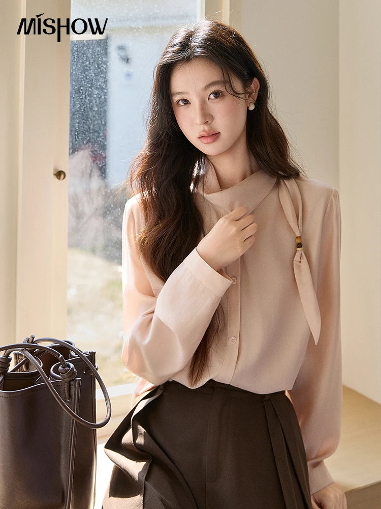 MISHOW Nude Pink Ribbon Stand Neck Shirt Button-Down MXE11X2547
