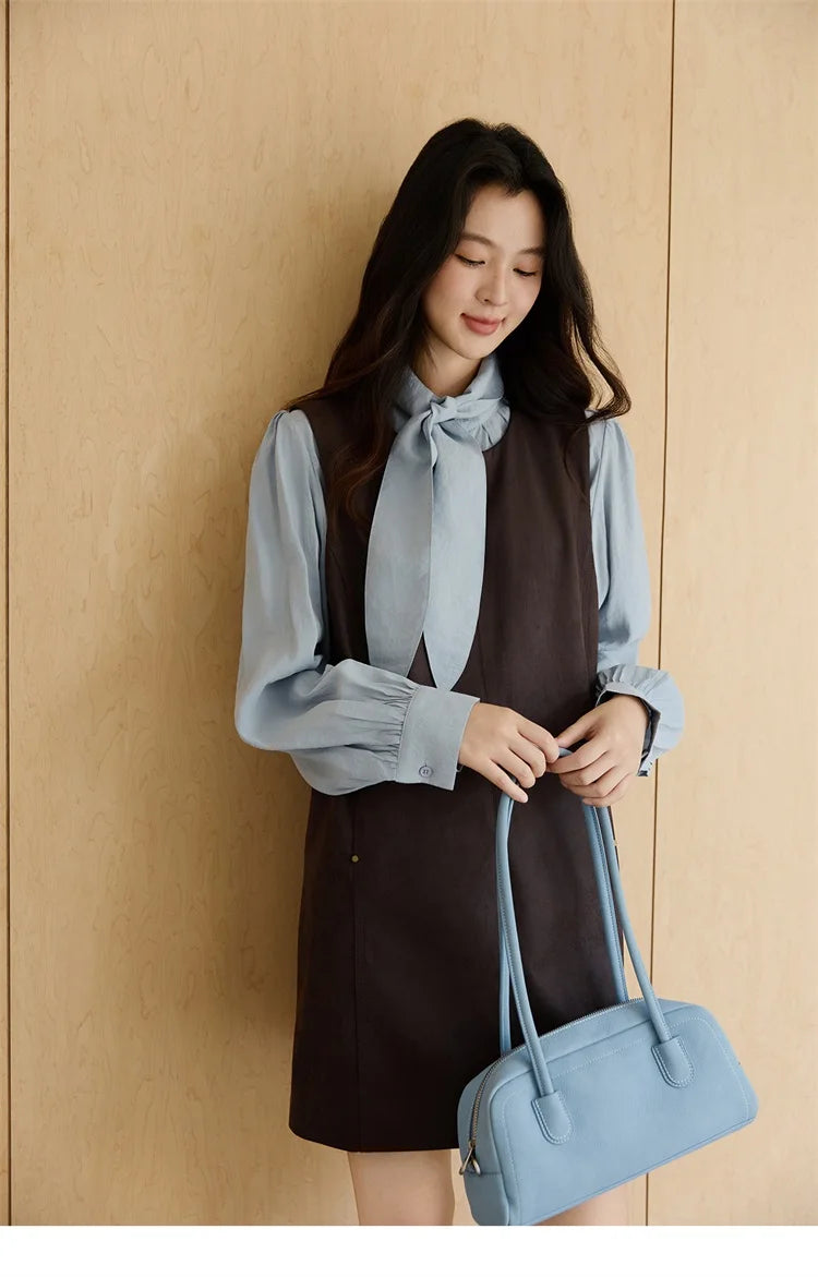 Mishow Light Blue Shirt & Brown Vest Skirt Suit MXE47T1408