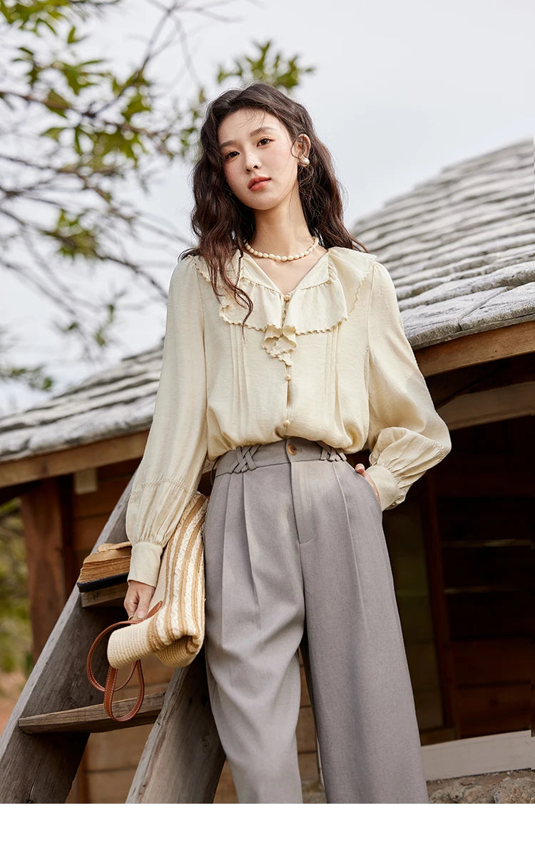 MISHOW Lotus Leaf Collar Shirt Bubble Sleeves Pink Chiffon MXE12X1702