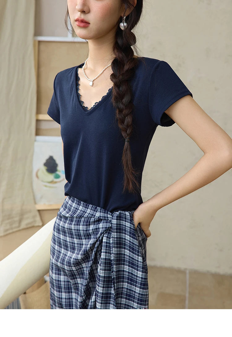 Mishow V-Neck Lace Spliced Office Tee MXE36T0644