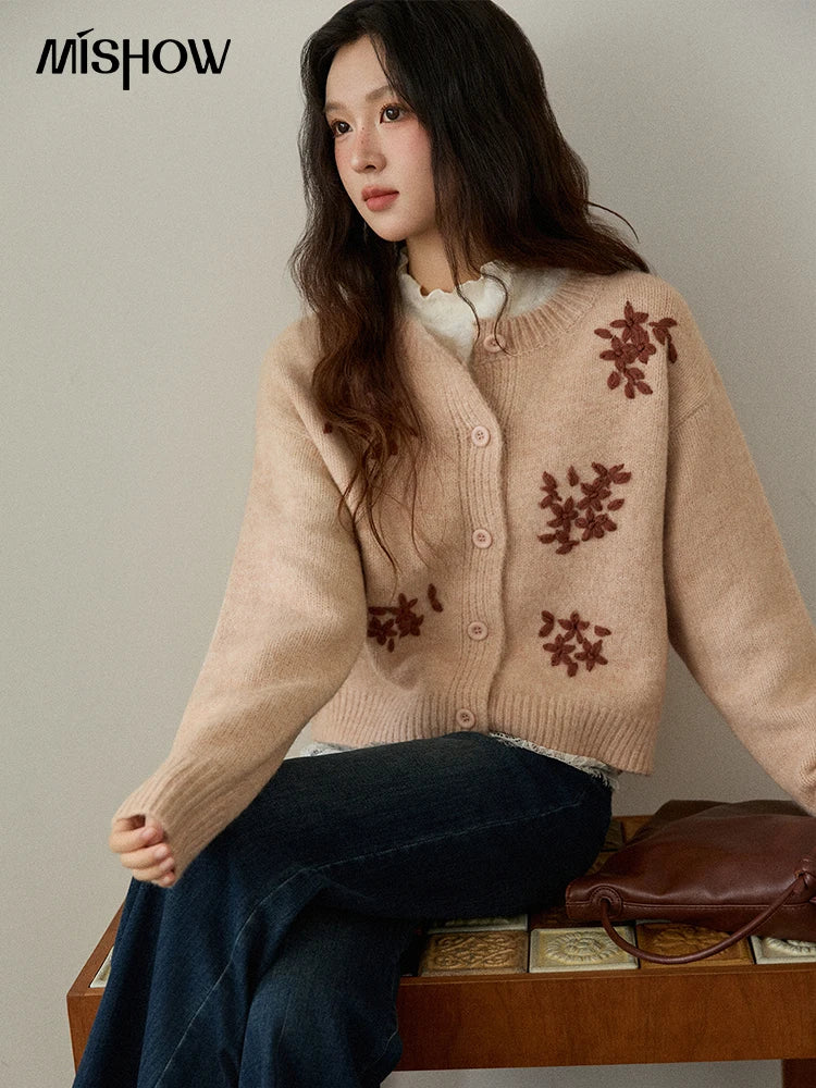 Mishow Floral Embroidery Round Neck Wool Cardigan MXE86Z2724