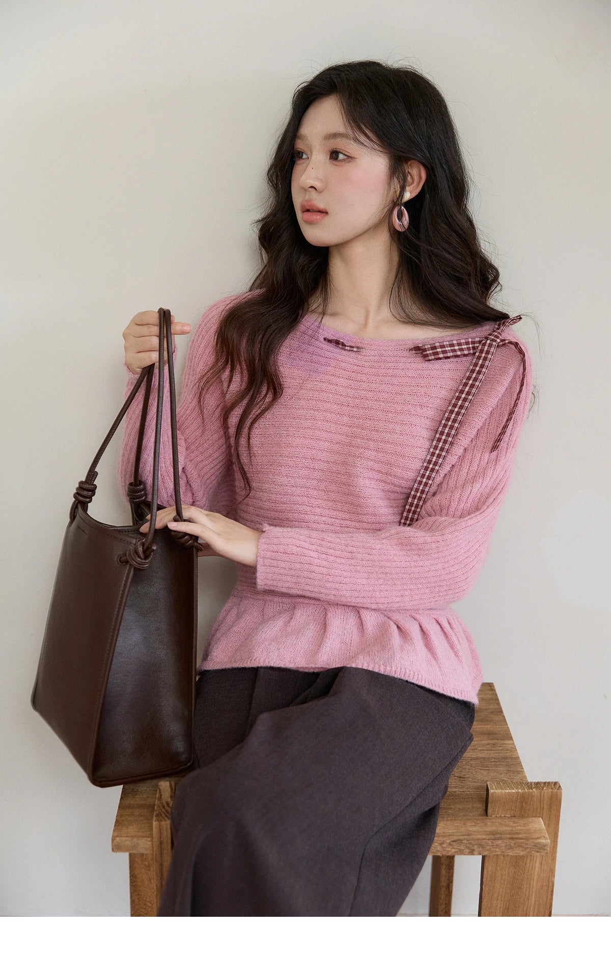 Mishow Pink Plaid Bow Peplum Ribbed Sweater MXF11Z3016