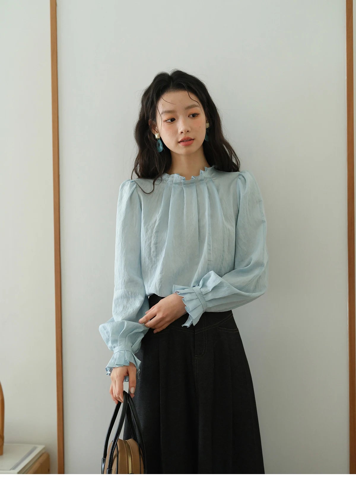 MISHOW Blue Jacquard Blouse Stand Collar Bubble Sleeves MXE41X1934