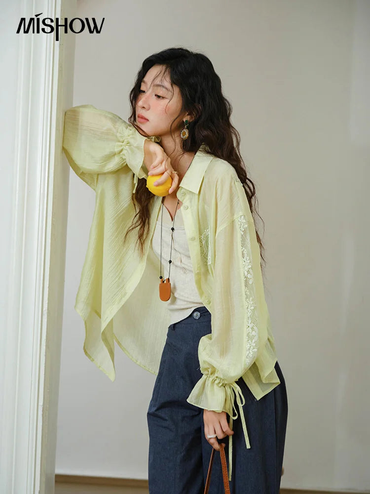 MISHOW Women's Patchwork Lace Shirt Lapel Drop Sleeve Drawstring Cuffs MXE31C0789