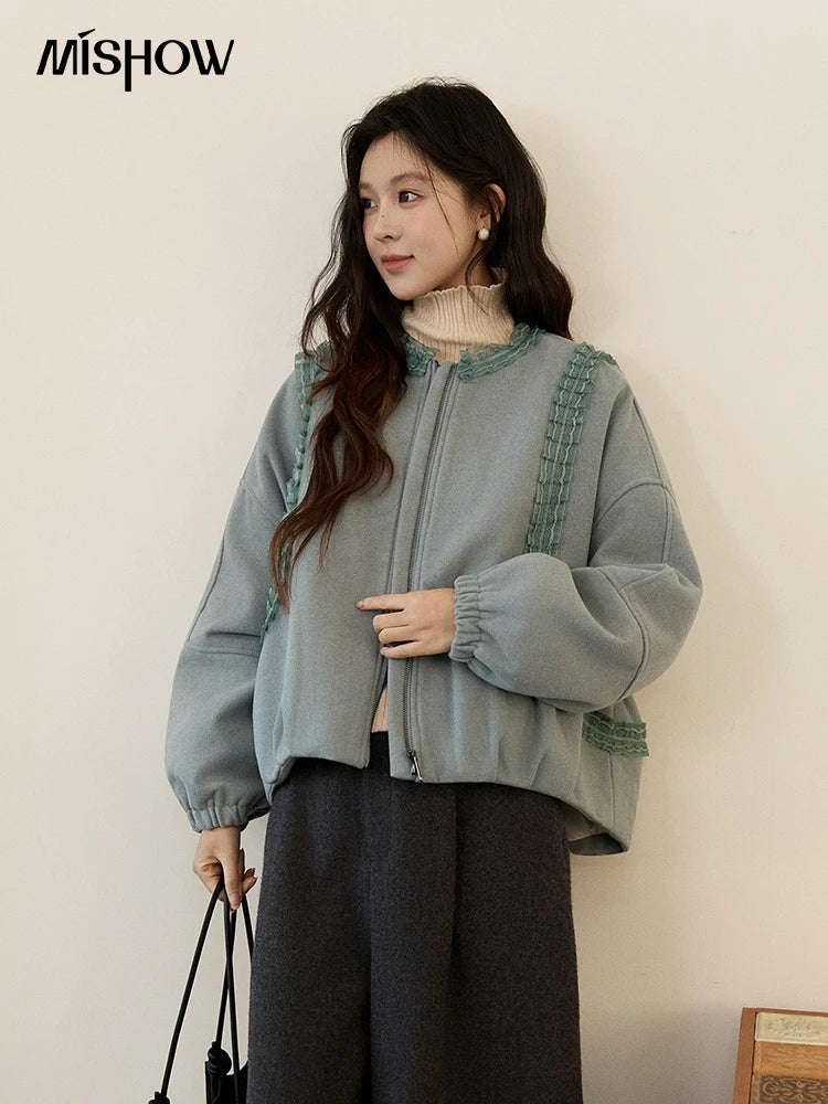 Mishow Light Blue Lace Trim Puff Sleeve Down Coat MXE94W1048