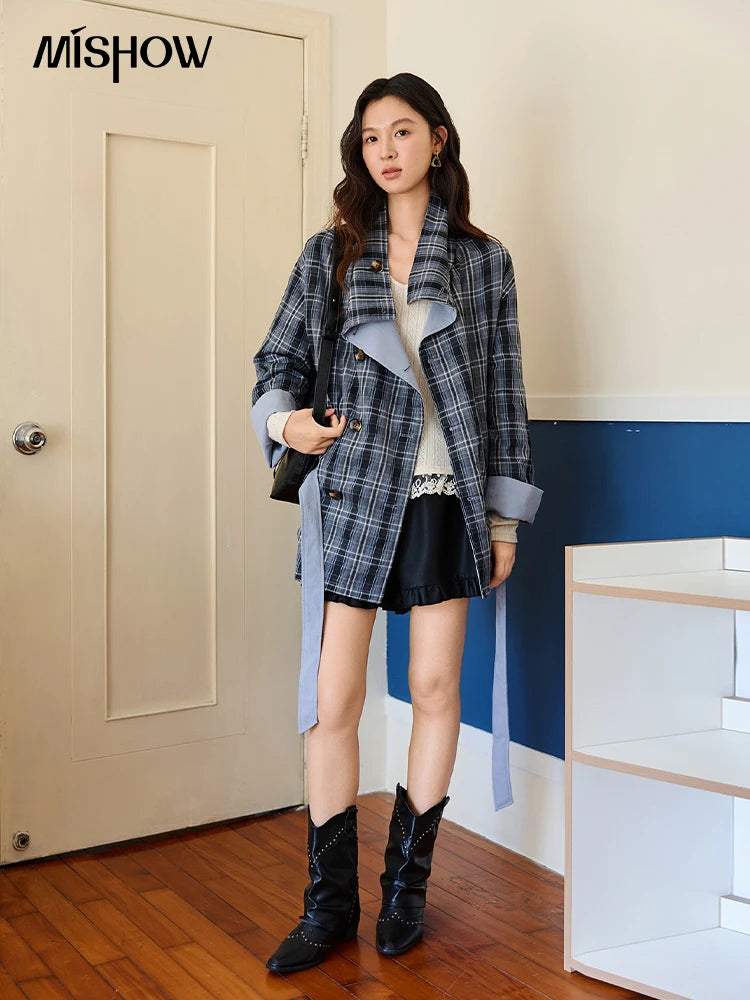 Mishow Blue Plaid Two-Sided Trench Coat MXE48W0871