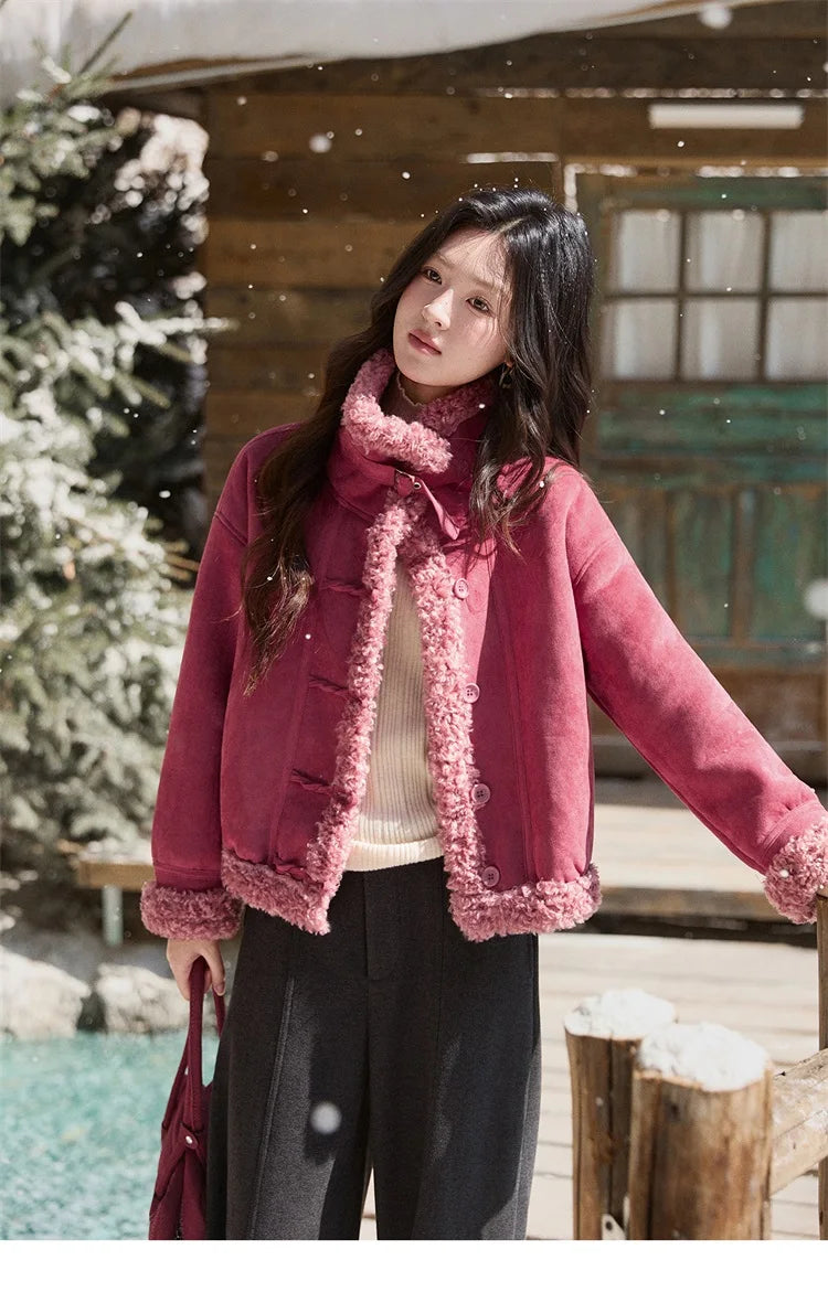 Mishow Dragon Fruit Red Suede Patchwork Coat MXE87W0942