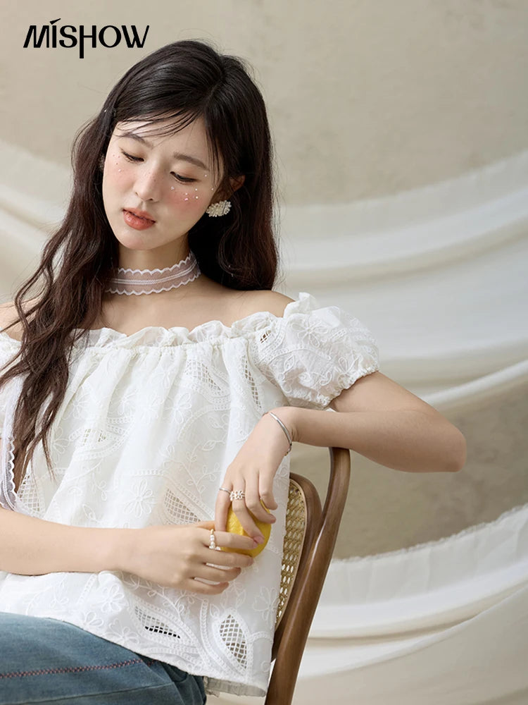 MISHOW Slash Neck Lace Blouse Short Sleeve Solid MXE35X1775
