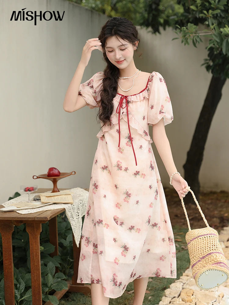 MISHOW Korean Floral Bubble Sleeve Lace-Up Dress MXD31L1924