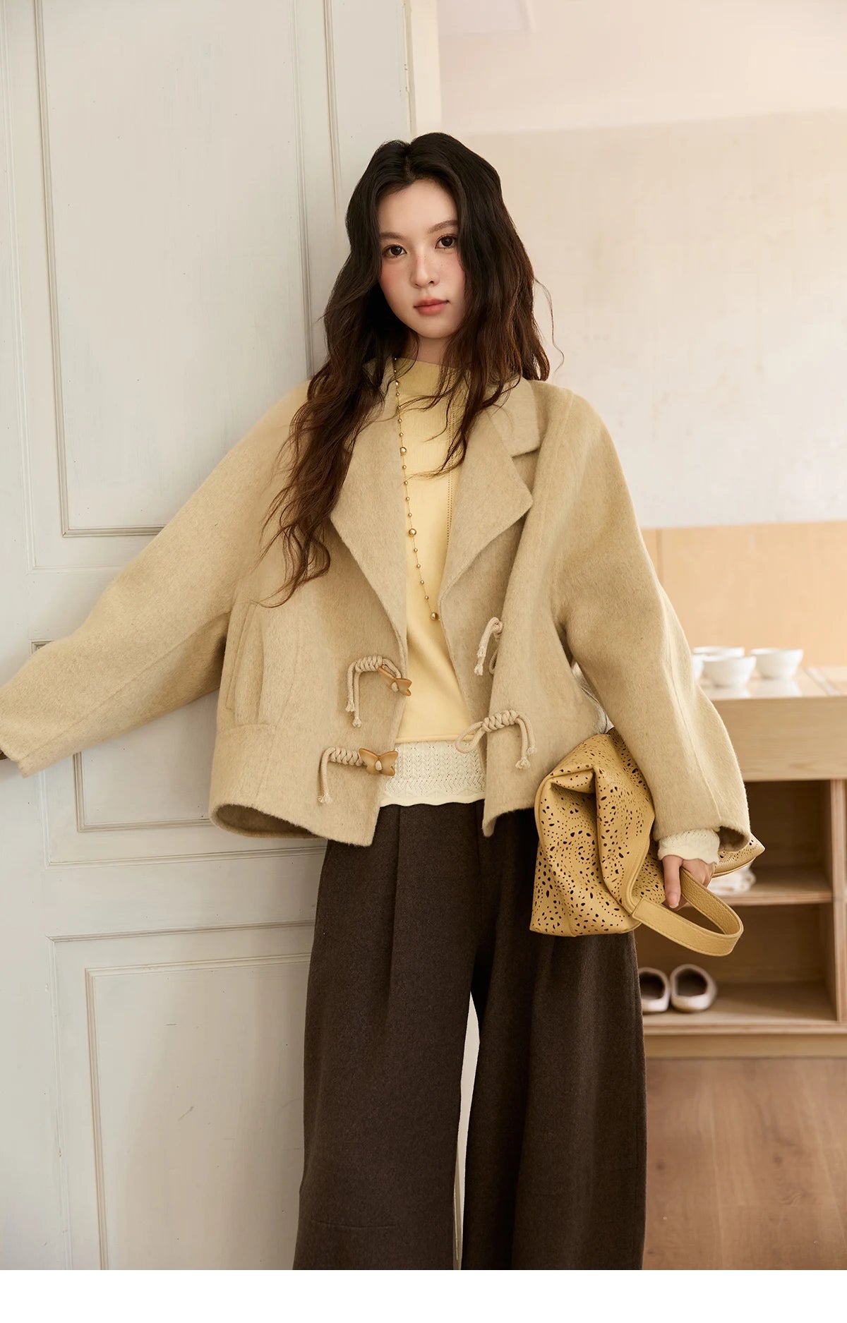 Mishow 100% Wool Retro Apricot Double-Faced Butterfly Button Coat MXE51W0887