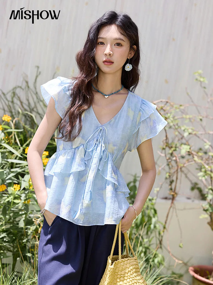 MISHOW Women's Blue Double-Layer Ruffled Linen V-Neck Blouse MXE33X1819