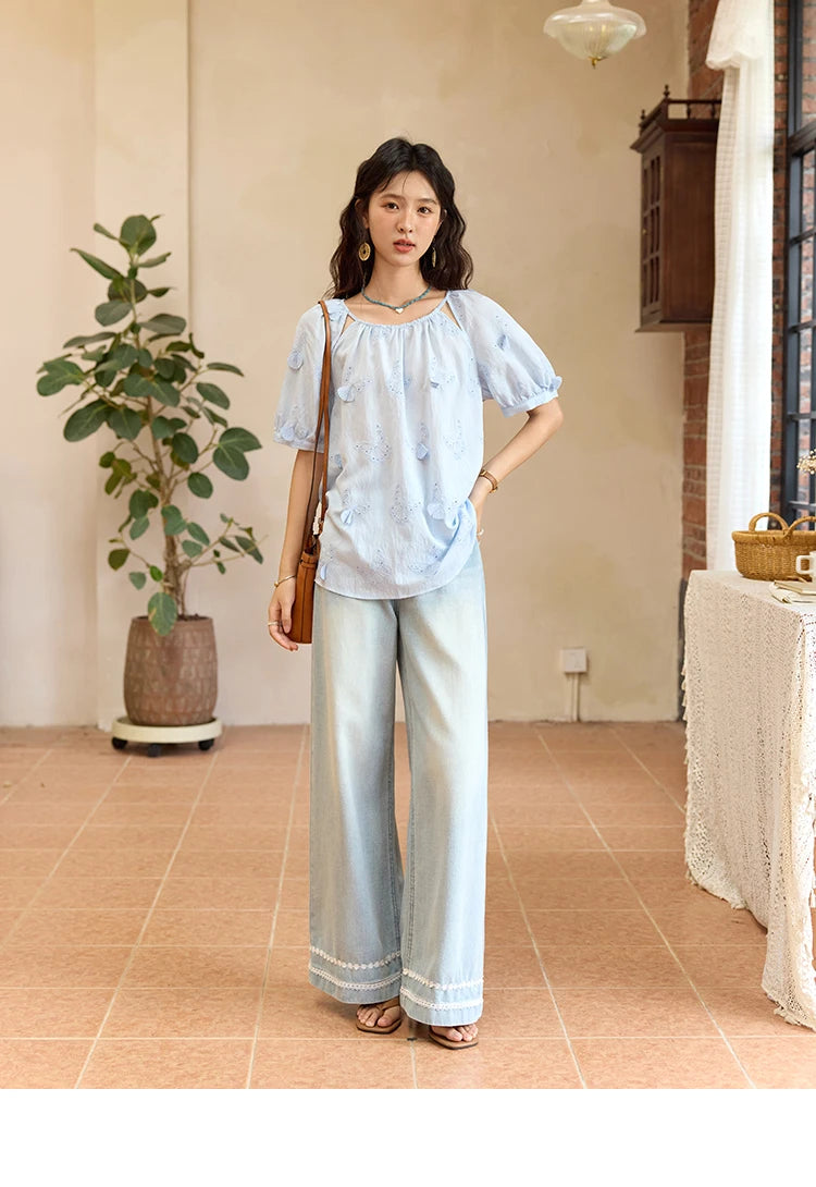 MISHOW Butterfly Embroidery Blouse Hollow Out O-Neck MXE36X1878