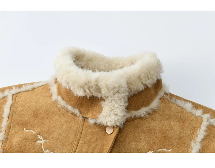 MISHOW Floral Embroidered Fur Jacket Plush Lapel Zipper MXE87W0918