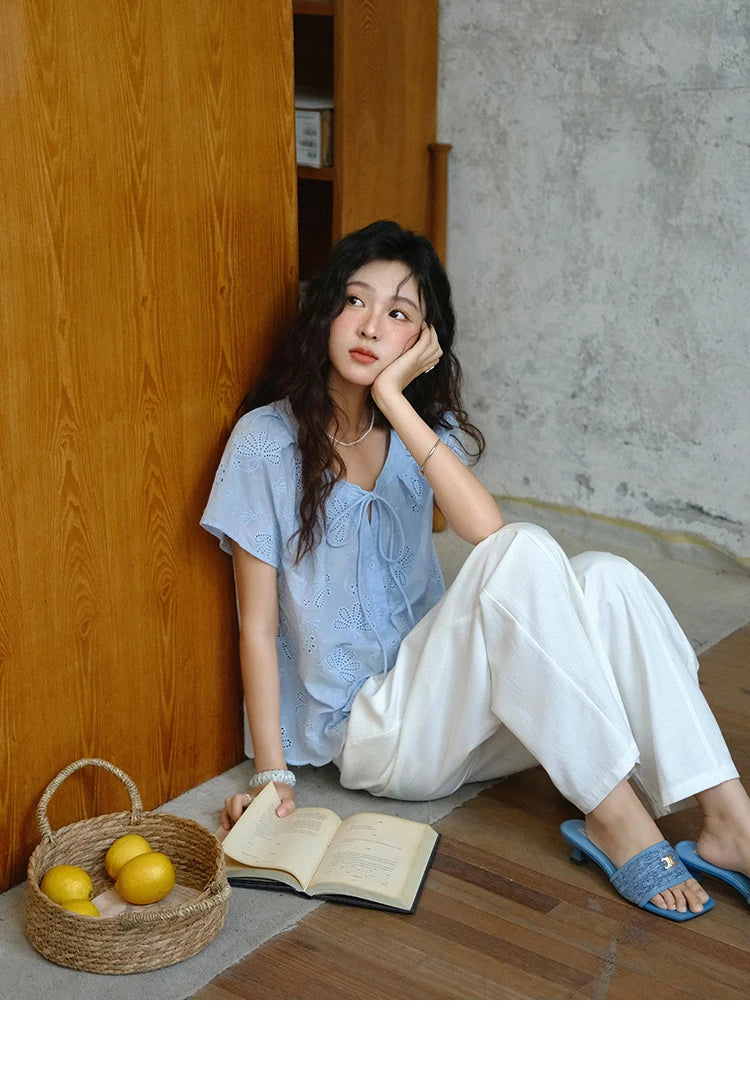 MISHOW Cotton Shirt O-Neck Button Lace Up Hollow Embroidery MXE37X1890