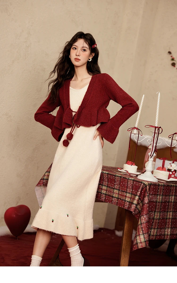 Mishow Pom-Pom Lace-Up Cardigan & Ruffle Strap Dress Set MXD59L2133
