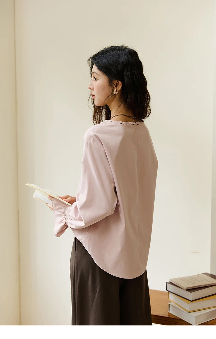 MISHOW French Style Hollow Out V-Neck Pink Blouse Long Sleeves MXE48X2502