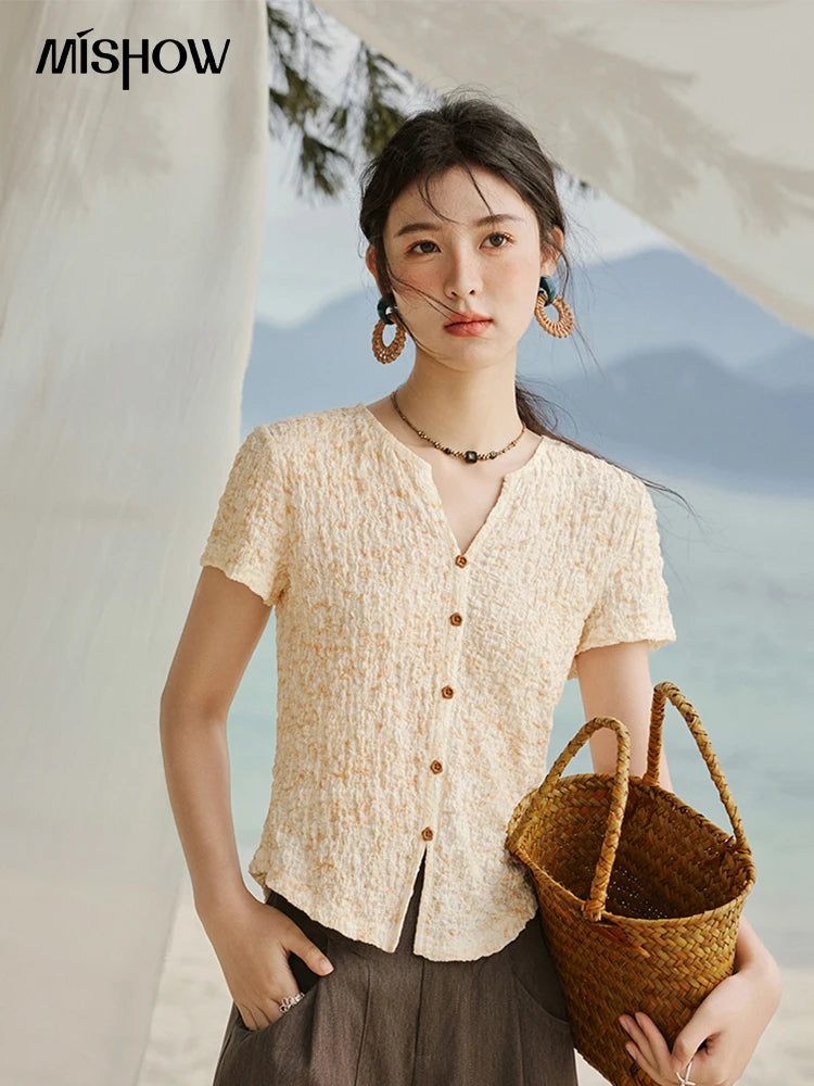Mishow V-Neck Print Knit Slim Tee MXE31Z1234