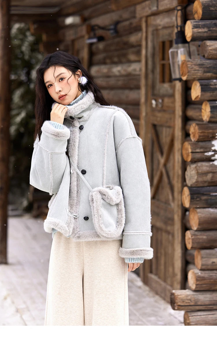 Mishow Suede Plush Fur Collar Jacket with Bag MXD57W0737