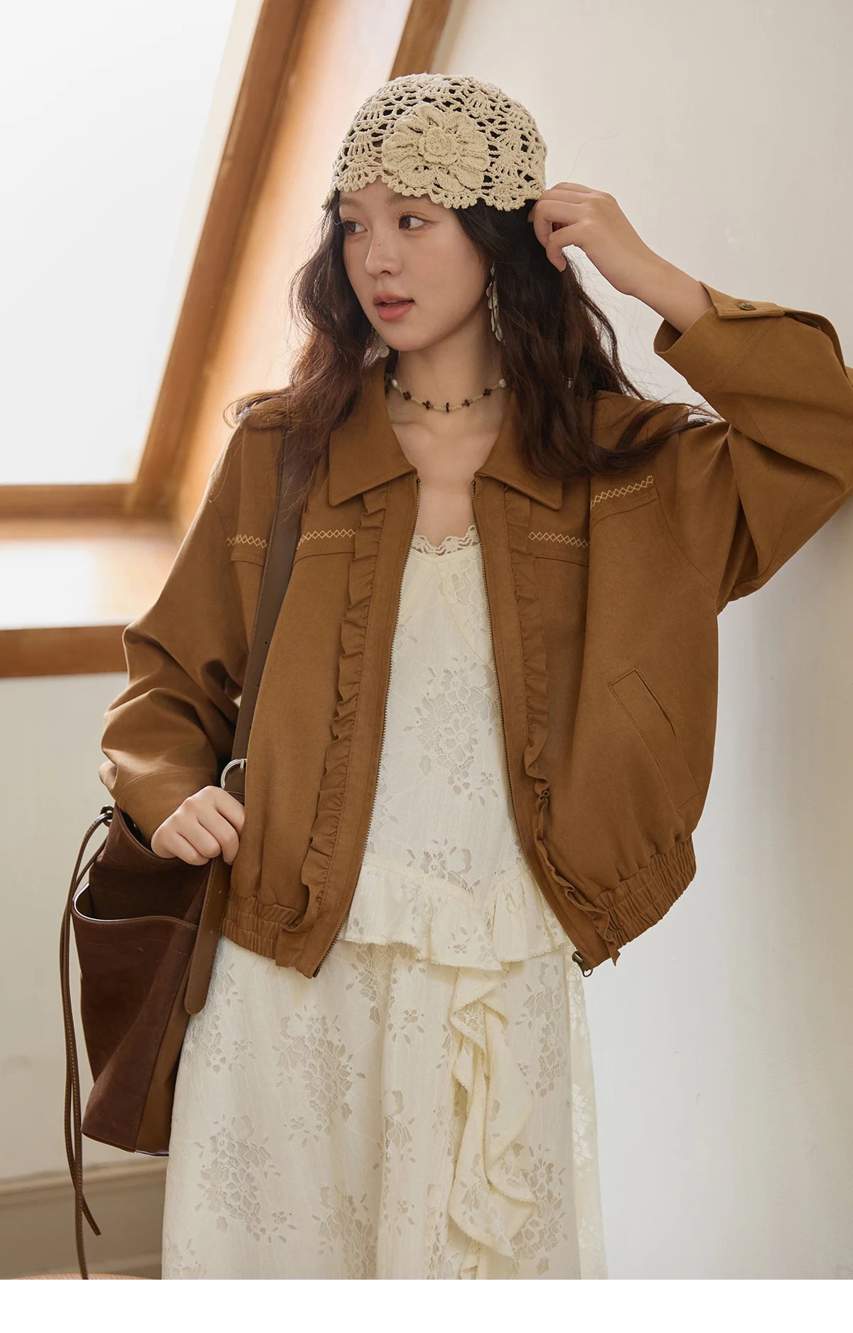 MISHOW Brown Suede Short Coat Fungus Edge Pleating Lapel Zipper MXE43W0803