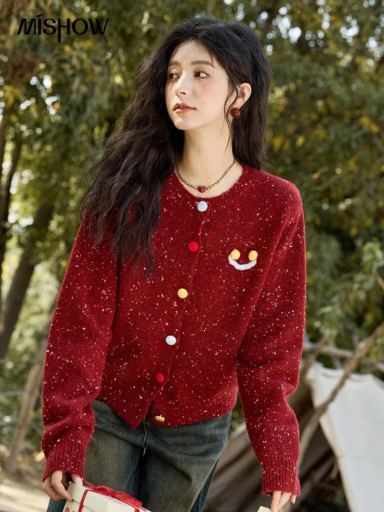 Mishow Smile Embroidery Contrast Color Wool Cardigan MXD35Z0988