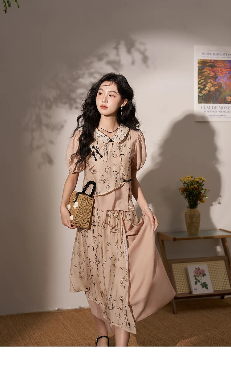Mishow Chinese Polo Top & Asymmetric Fork Skirt Set MXD22X1396