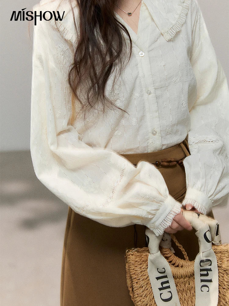 MISHOW Beige Lace Shirt Peter Pan Collar Micro Lantern Sleeve MXF108C0813