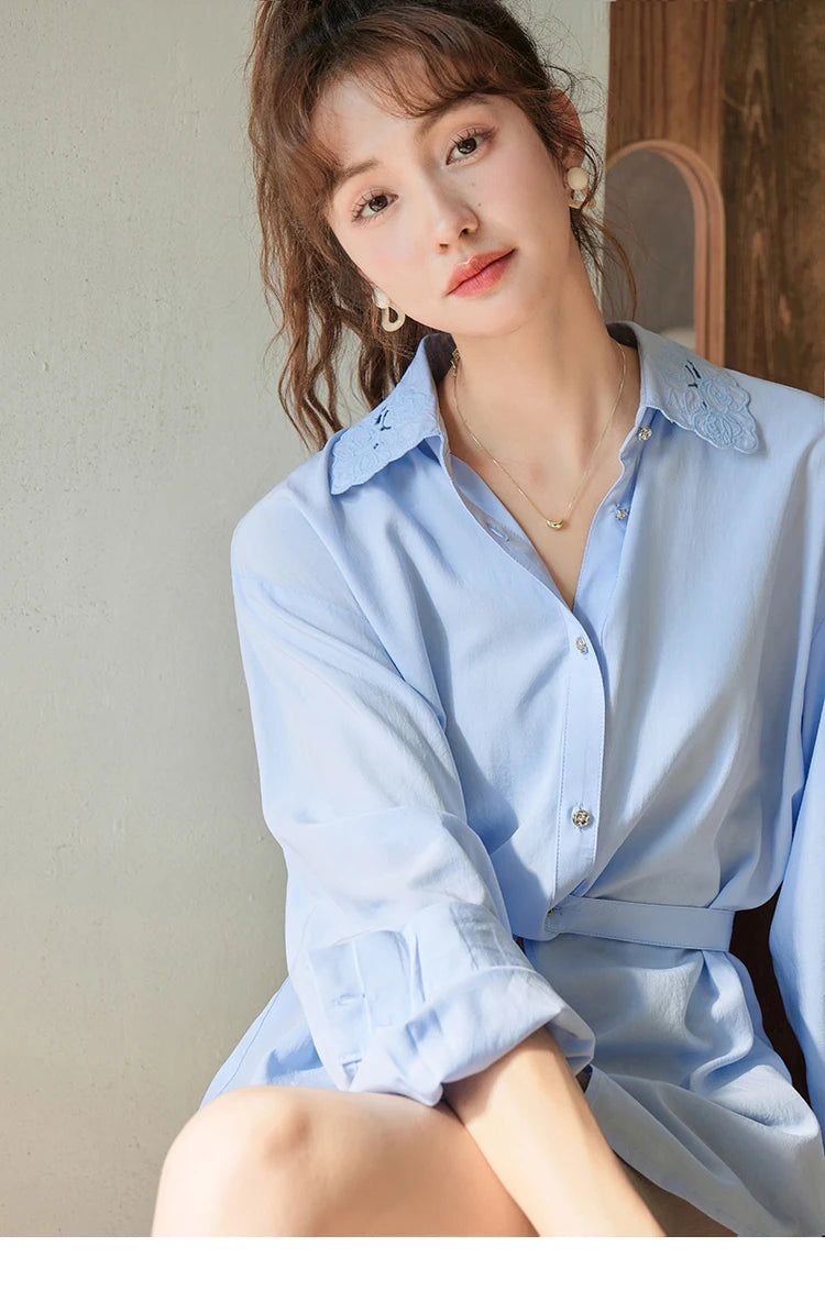 MISHOW Casual Loose Shirt Embroidery Hollowed Out Turn-Down Collar MXC41C0077