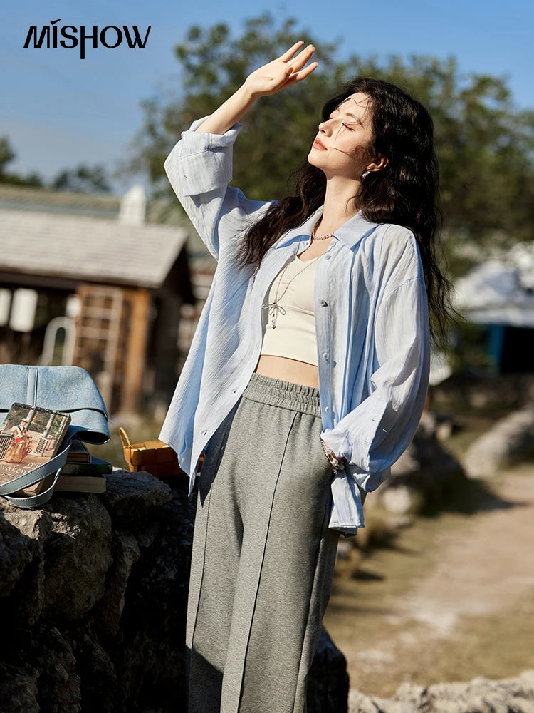 MISHOW Solid Loose Fit Shirt Dropped Shoulder Turn-Down Collar MXE13C0405