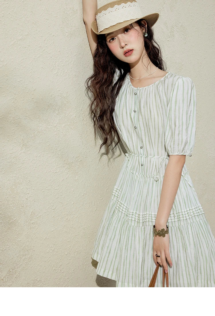 MISHOW French Green Striped Puff Sleeve Dress MXE15L2141
