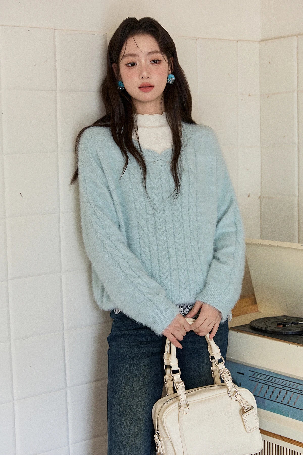 Mishow Apricot Soft V-Neck Cable Knit Pullover MXE51Z2594