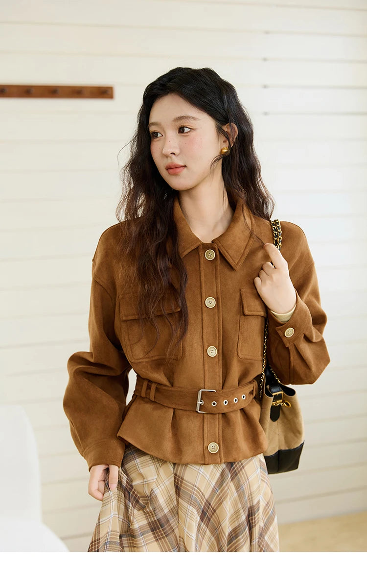 MISHOW Brown Lapel Jacket Metal Button Decorated Windproof MXE46W0864