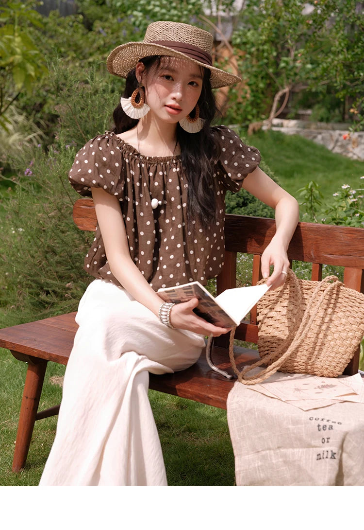 Mishow Polka Dot One Shoulder Puff Sleeve Top & Wide Leg Pants Set MXE38T0683