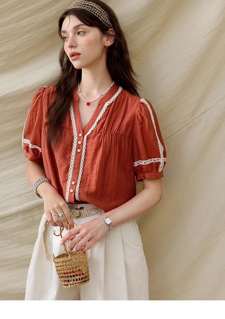 MISHOW French Blouse Women V-Neck Short Sleeve Color Matching Shirt MXE31X1766