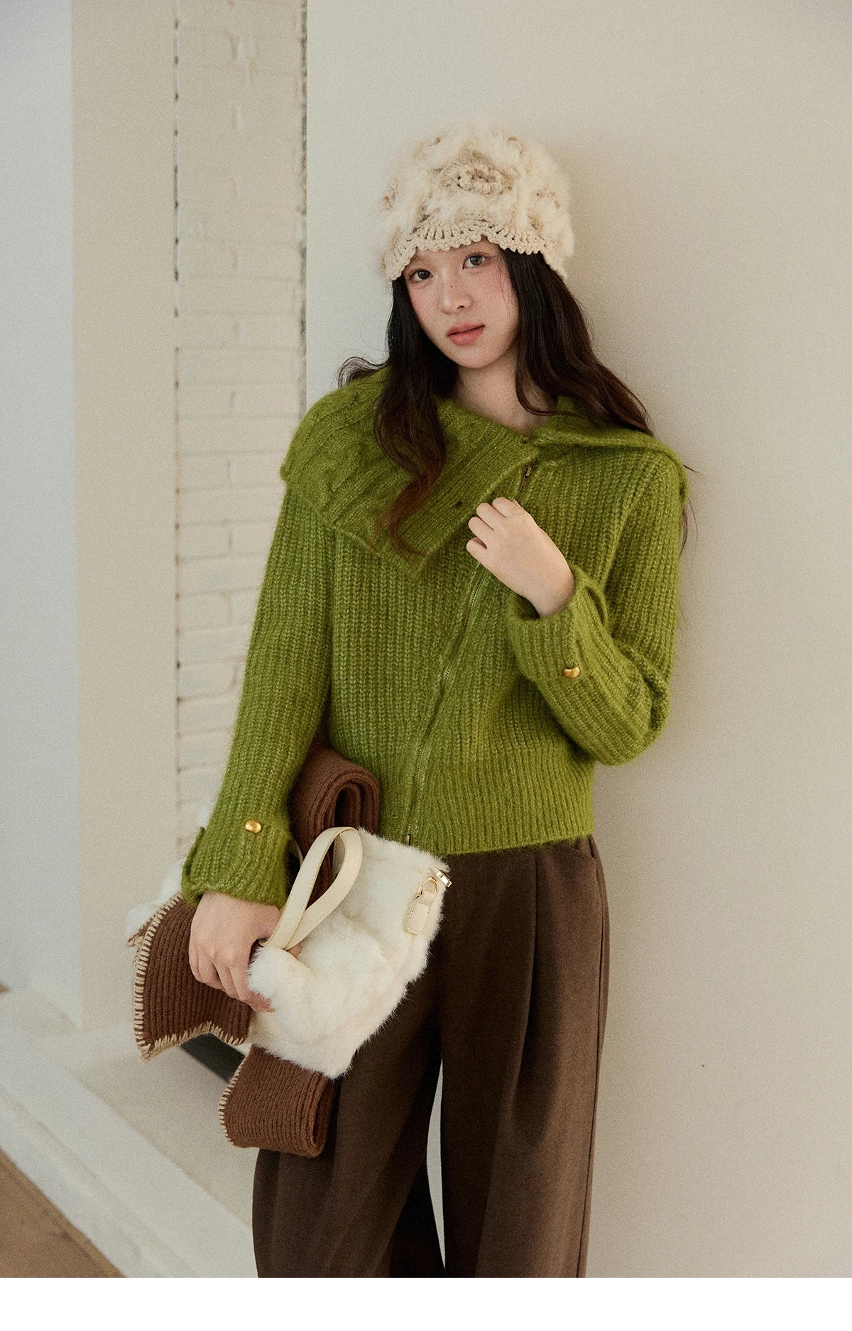 Mishow Green Wool Blend Long-Pile Large Lapel Pullover MXE90Z2760