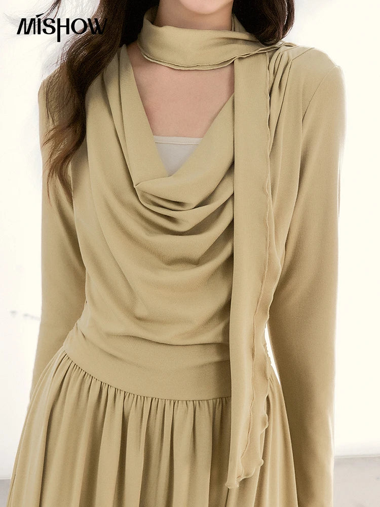 Mishow Khaki Swinging Collar Scarf Waist Dress MXF11L2552