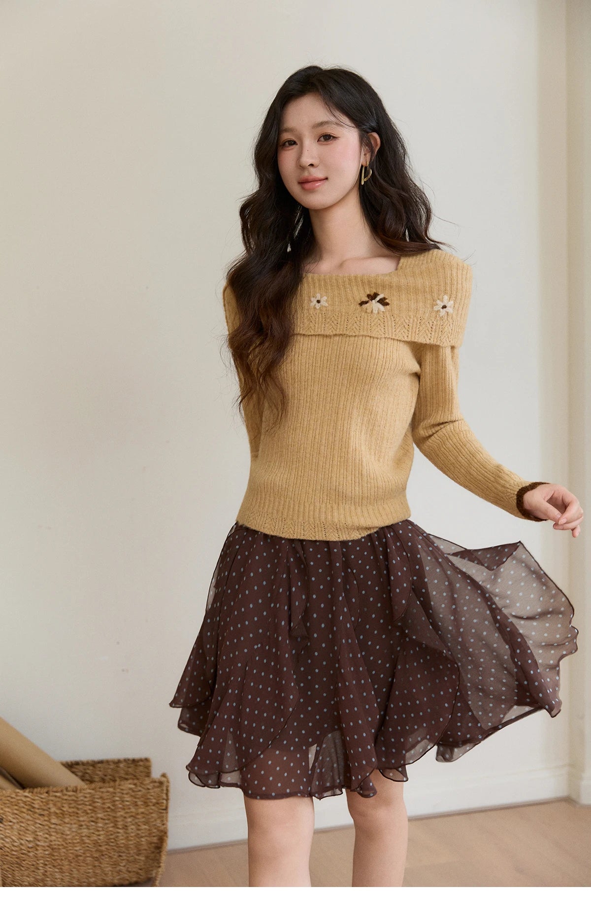 Mishow Yellow One Shoulder Floral Ribbed Sweater MXF11Z2894