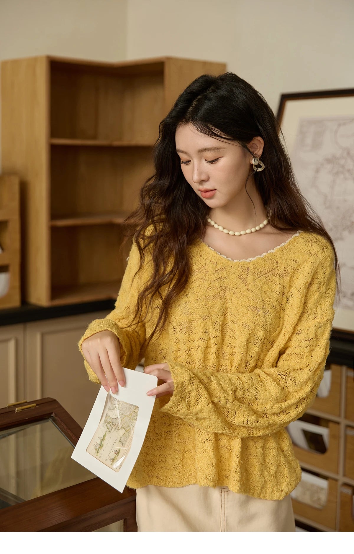 Mishow Bamboo Loop Yarn Hollow V-Neck Lace Sweater MXE43Z1349