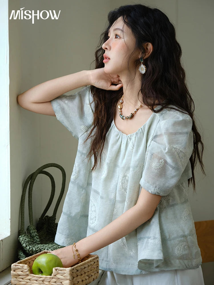 MISHOW O-Neck Print Blouse Embroidery Puff Sleeve Loose MXE34X1807