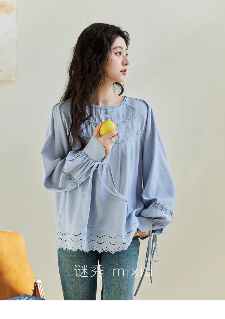 MISHOW Blue Lace Patchwork Shirt Wave Edge Lantern Sleeve MXE14X1716