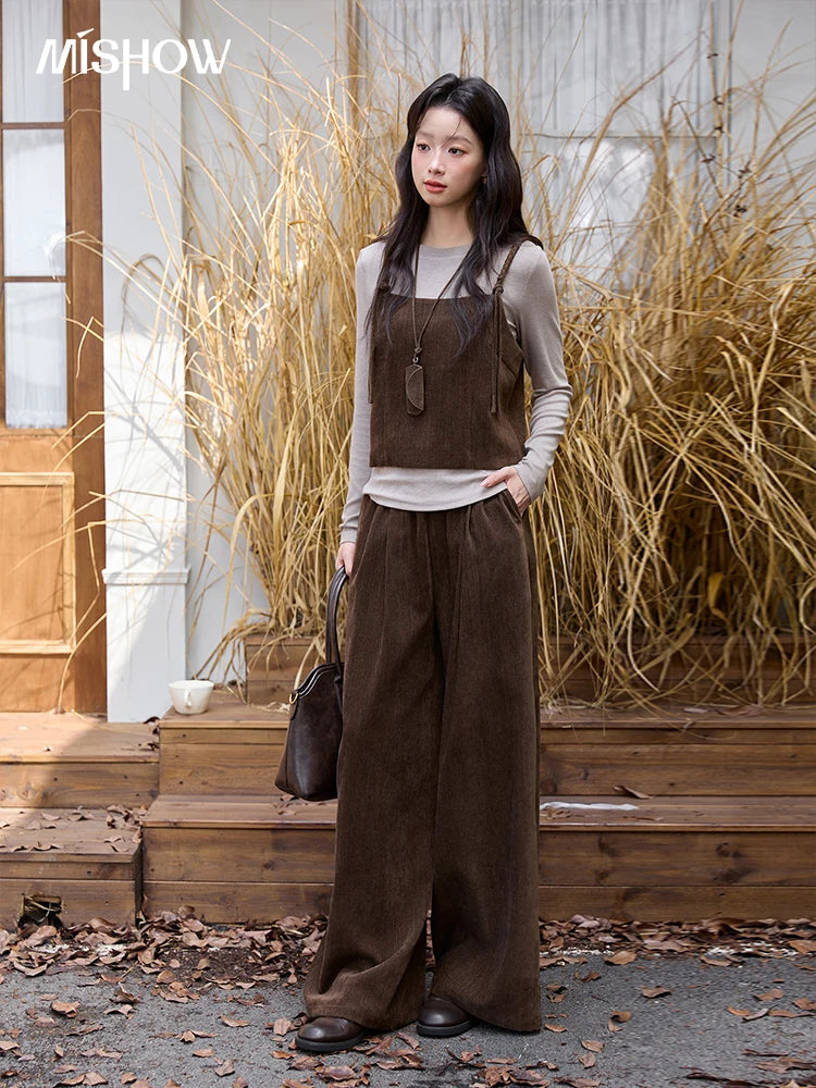 Mishow Brown Vest & Gray Top & Wide Leg Pants 3-Piece Set MXE49T1422