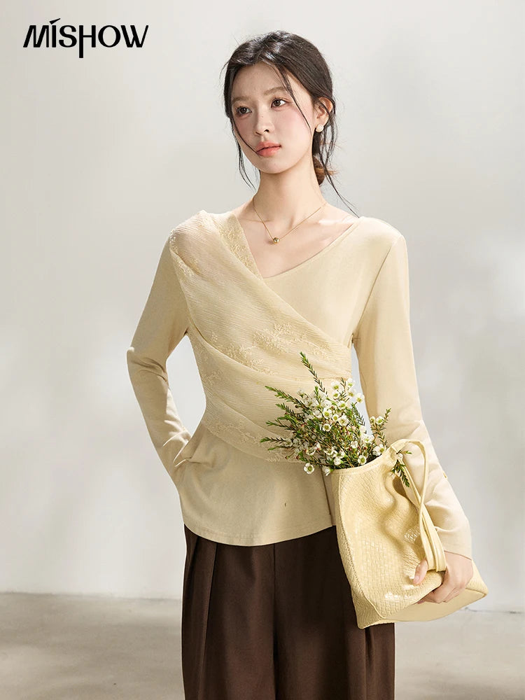 Mishow Asymmetric Lace Patchwork Ruched Top MXF11Z2942