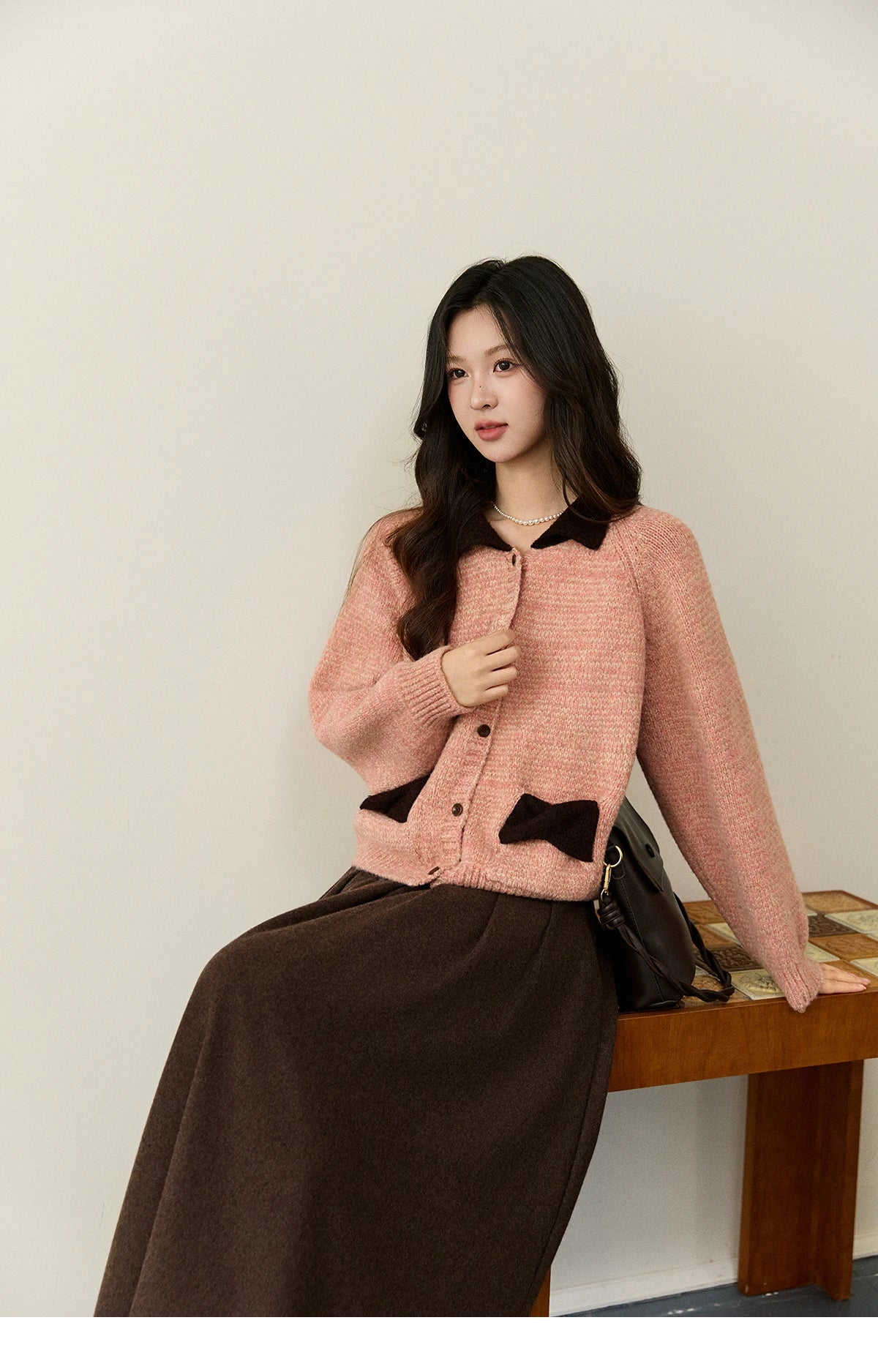 Mishow Pink Contrast Collar Bow Pocket Cardigan MXE94Z2957
