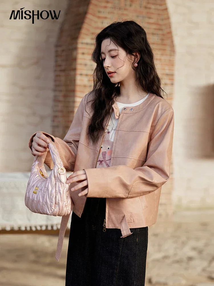 MISHOW Pink Leather Jacket Slim Fit Long Sleeve MXE11W0714