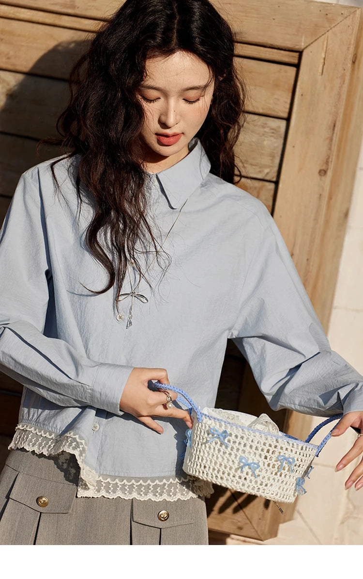 MISHOW Cotton Blue Shirt Hem Lace Lapel Collar MXE12C0410