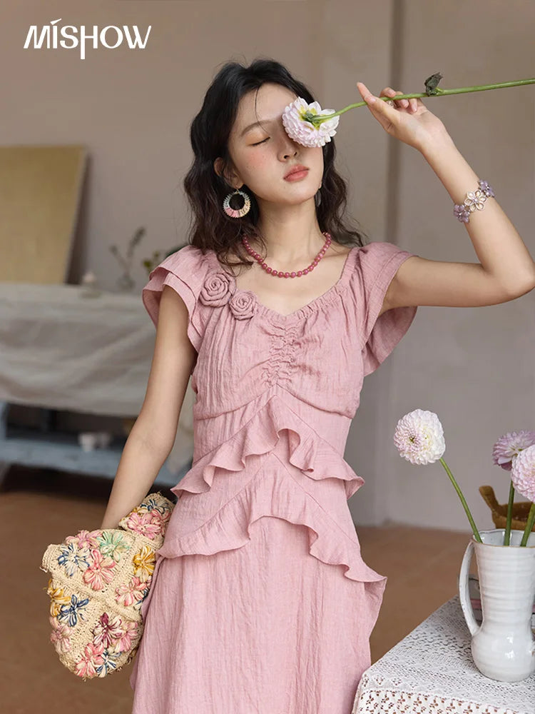 Mishow Flower Flying Sleeve V-Neck Pink Dress MXE34L2243