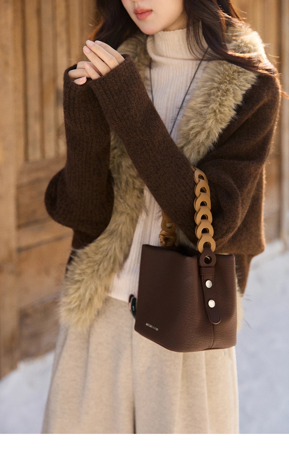 MISHOW Brown Knitted Cardigan Faux Fur Collar Batwing Sleeve MXE94Z2954