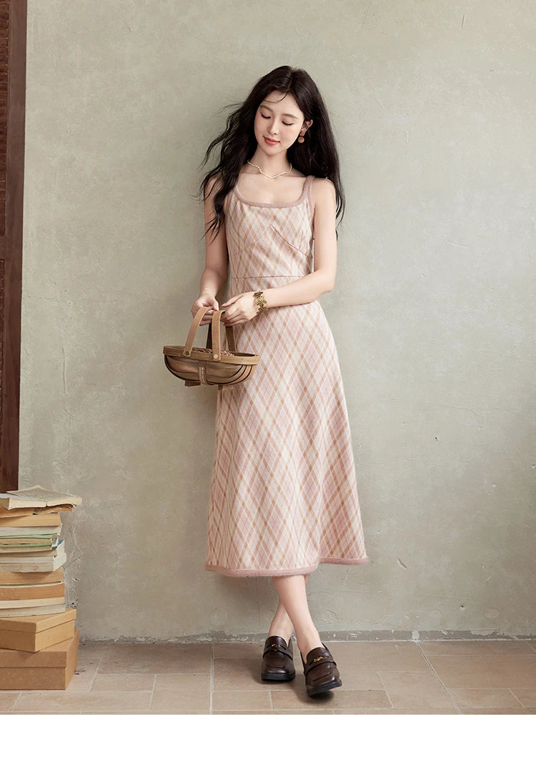 Mishow French Knitted Cardigan & Plaid Camisole Dress Set MXD43L2012