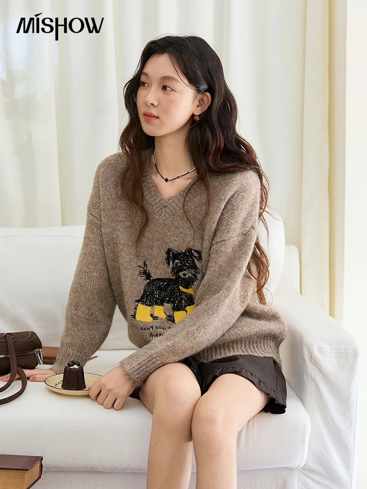 Mishow Puppy Embroidery V-Neck Loose Pullover MXE48Z2570