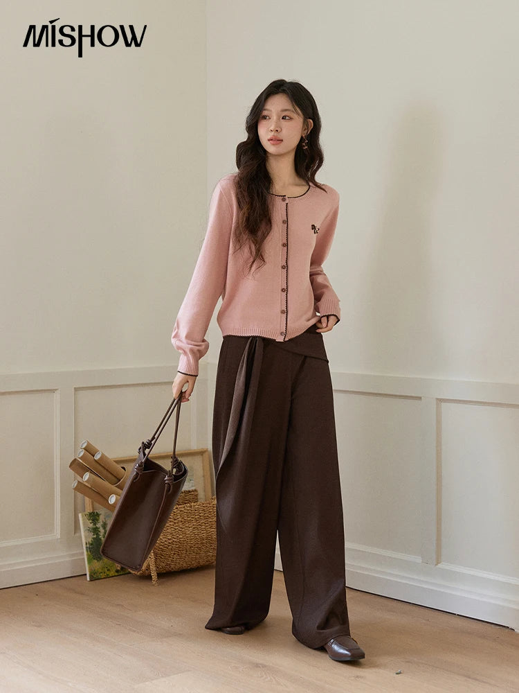 Mishow Pink Contrast Trim Pony Decoration Cardigan MXF108Z1023